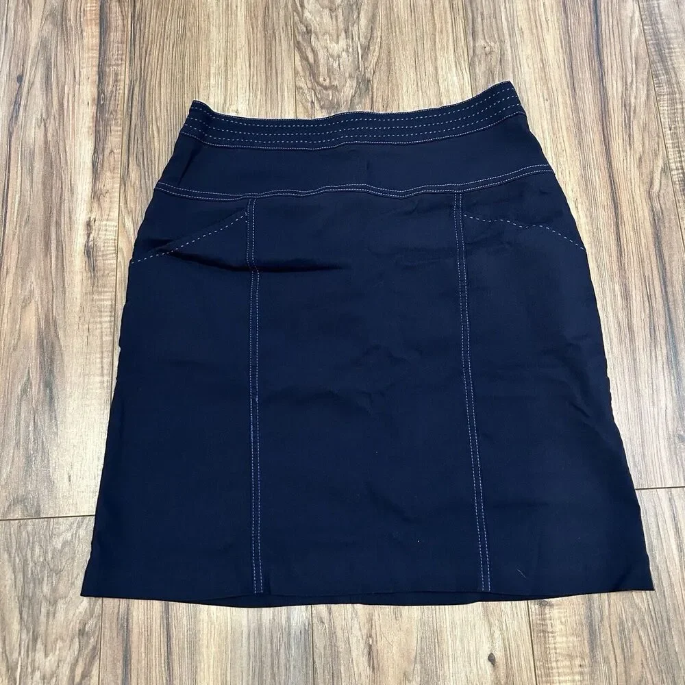 J. McLaughlin Blue Contrast Stitch Stretch A Line Pull On Skirt Pockets Size 6